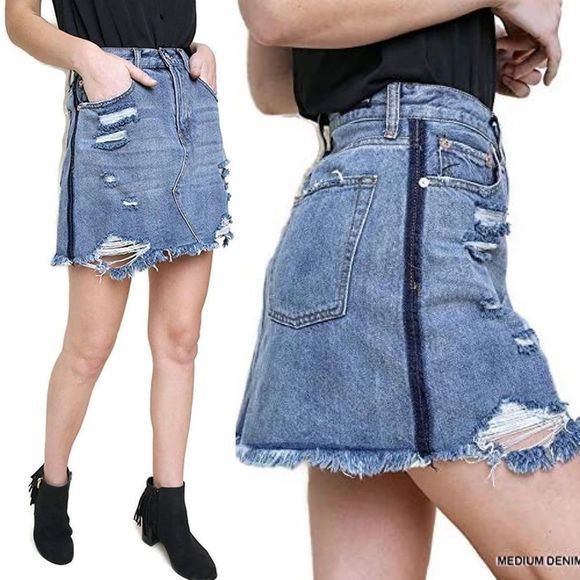 Umgee Distressed Denim Mini Skirt - Picture 1 of 10